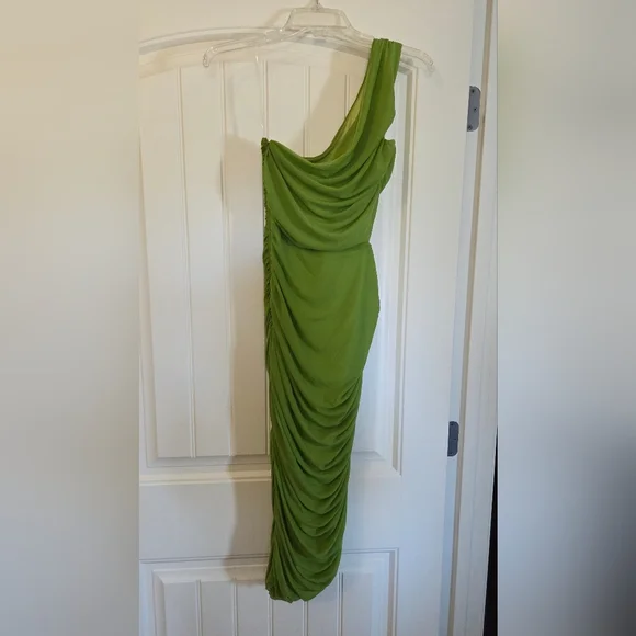 Fashion Nova Lime Green One-Shoulder Cutout Ruched Midi Dress - Picture 3 of 6